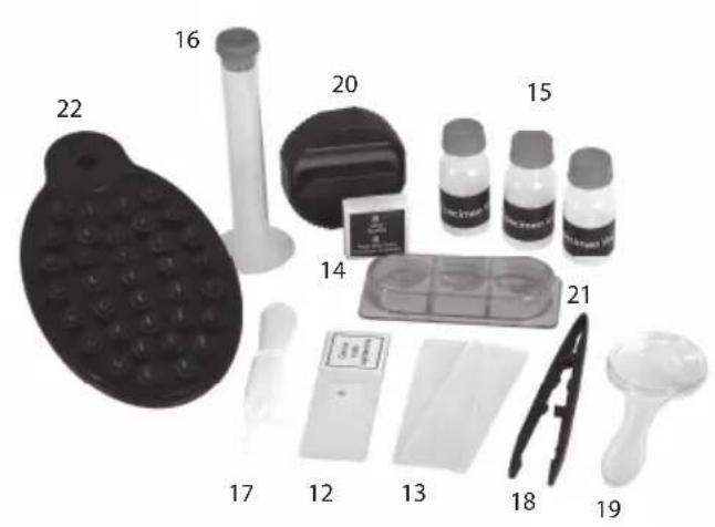 Labeled image of medical or laboratory equipment items including a perforated slide, test tube, and cleaning tools