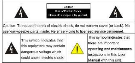 Caution Risk of Electric Shock Please do not open by yourself Caution: To reduce the risk of electric shock, do not remove cover (or back). No user-serviosable parts inside. Refer servicing to licensed service personnel. This symbol indicates that this equipment may contain dangerous voltage which could cause electric shock. This symbol indicates that there are important operating and maintenance instructions in this User Manual with this unit.