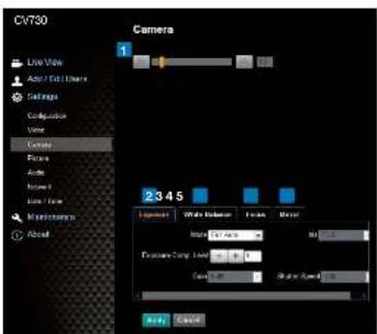 CV730 Live View Add/End Options Settings Configuration View Capture Photo Audio Response Time/Time Measurement About Camera 1 2345 Equipment Wide Range Focus Noise None On Exposure Temp: Live Current On Exposure Speed: Auto Cancel