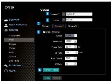 CV730 Live View Add / Edit Users Settings Configuration Video Camera Picture Audio Network Date / Time Maintenance About Video 1 Current ID: CMOS-IP 2 Location: Default Stream 1 Stream 2 Stream 3 3 Enable Stream: Colec: PLDM Resolution: 1000P Frame Rate: 29.97 Hz Bit Rate: 206 Mbps Rate Control: 38% IP Rate: 15 5 Patch I Frame Apply Cancel