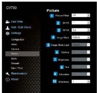 CV730 Live View Add / Edit Users Settings Configuration Video Camera Primary Audio Network Date / Time Maintenance About Picture 1 Picture Filter Off 2 200/50 3 200/50 Type 4 Image Mode Default 5 Image Mode Load Default 6 Camera 7 Brightness 8 None 9 Saturation 10 Sharpened
