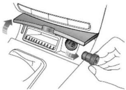 Diagram of a car interior showing a hand holding a connector to a vehicle (no text or symbols visible)