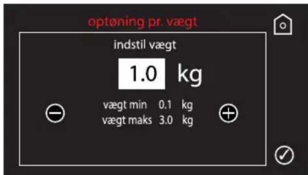 optøning pr. vægt indstil vægt 1.0 kg vægt min 0.1 kg vægt maks 3.0 kg