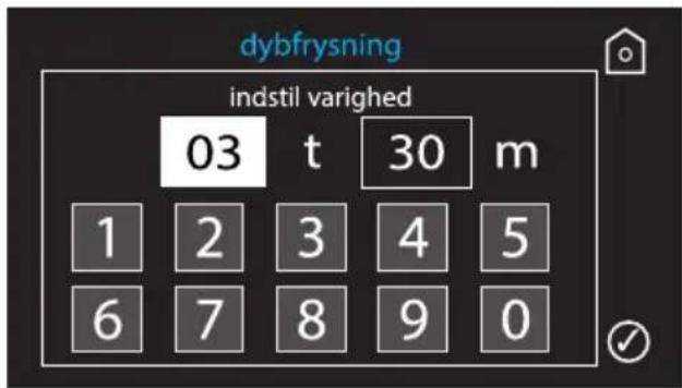 dybfrysning indstil varighed 03 t 30 m 1 2 3 4 5 6 7 8 9 0