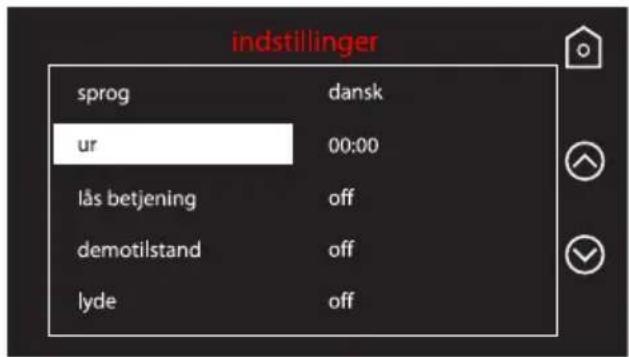 indstillinger sprog dansk ur 00:00 läs betjening off demotilstand off lyde off