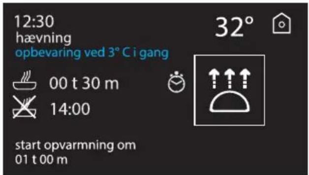 12:30 hævning opbevaring ved 3° C i gang 00 t 30 m 14:00 start opvarmning om 01 t 00 m 32°