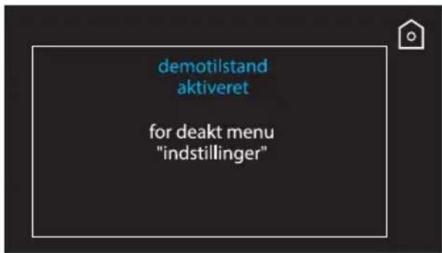 demotilstand aktiveret for deakt menu "indstillinger"