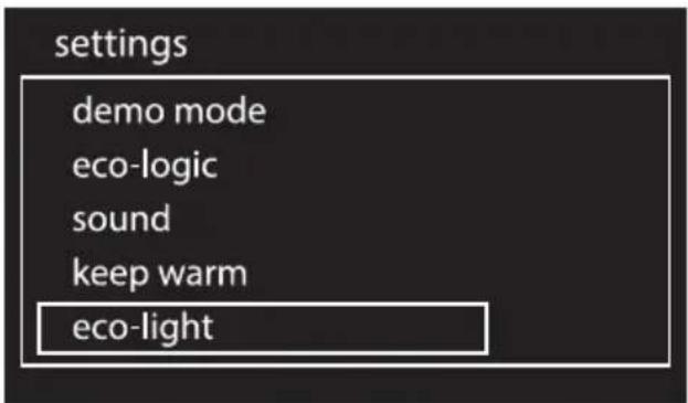 settings demo mode eco-logic sound keep warm eco-light