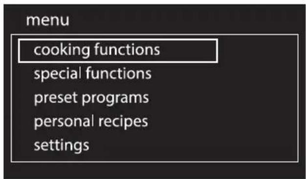 menu cooking functions special functions preset programs personal recipes settings