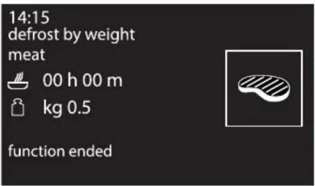 14:15 defrost by weight meat 00 h 00 m kg 0.5 function ended