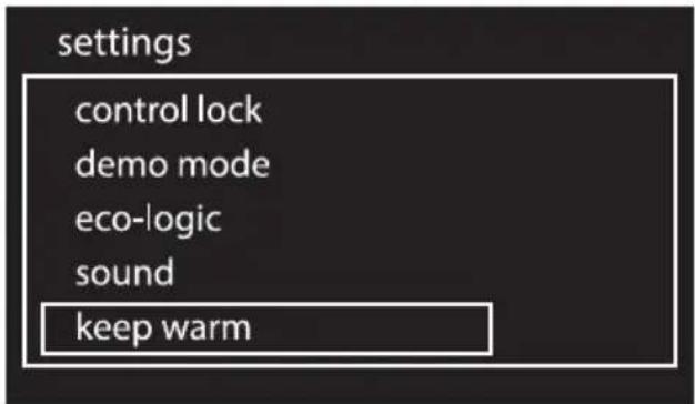 settings control lock demo mode eco-logic sound keep warm