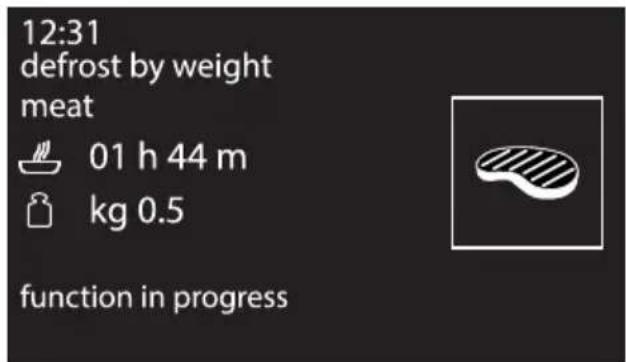 12:31 defrost by weight meat 01 h 44 m kg 0.5 function in progress