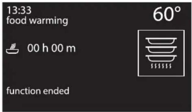 13:33 food warming 00 h 00 m 60° function ended