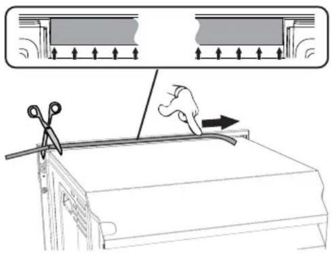 Diagram illustrating a sewing process with scissors cutting fabric, showing structural deformation and directional arrows.