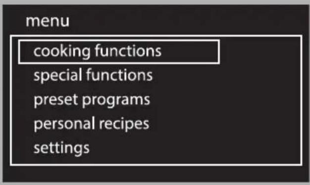 menu cooking functions special functions preset programs personal recipes settings