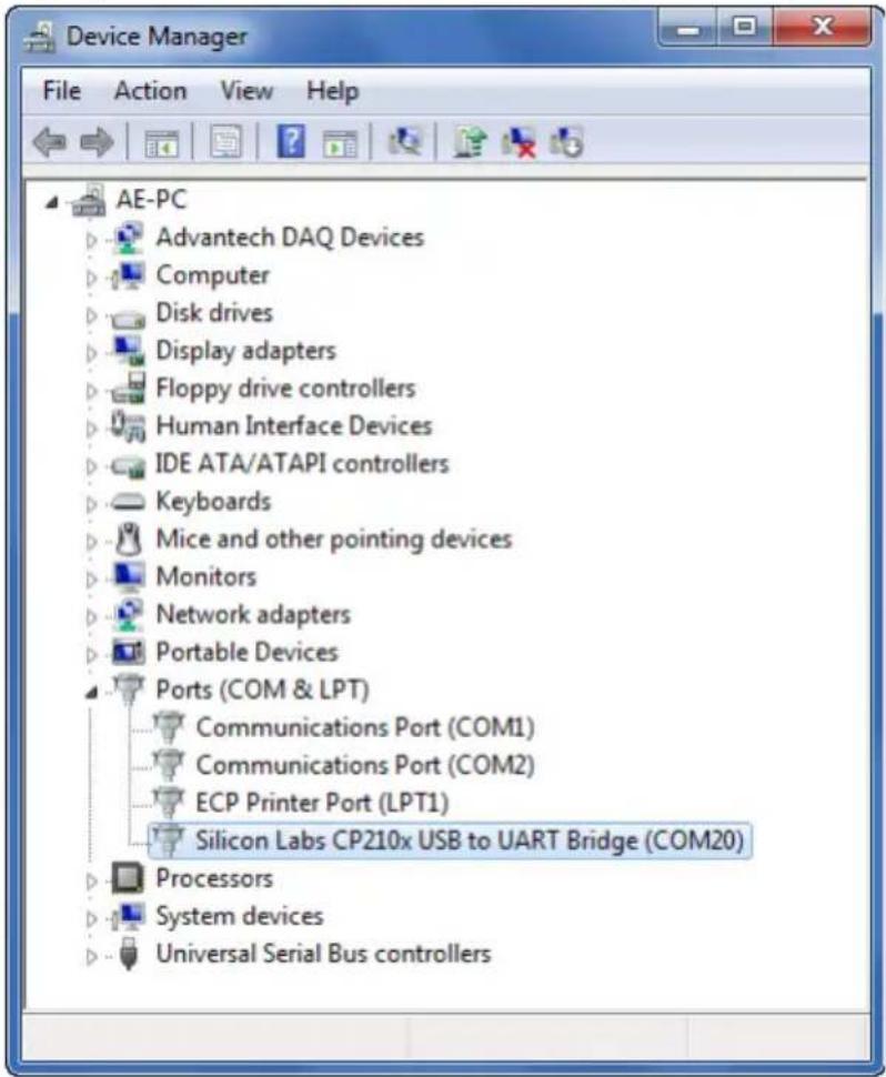 Device Manager File Action View Help AE-PC Advantech DAQ Devices Computer Disk drives Display adapters Floppy drive controllers Human Interface Devices IDE ATA/ATAPI controllers Keyboards Mice and other pointing devices Monitors Network adapters Portable Devices Ports (COM & LPT) Communications Port (COM1) Communications Port (COM2) ECP Printer Port (LPT1) Silicon Labs CP210x USB to UART Bridge (COM20) Processors System devices Universal Serial Bus controllers
