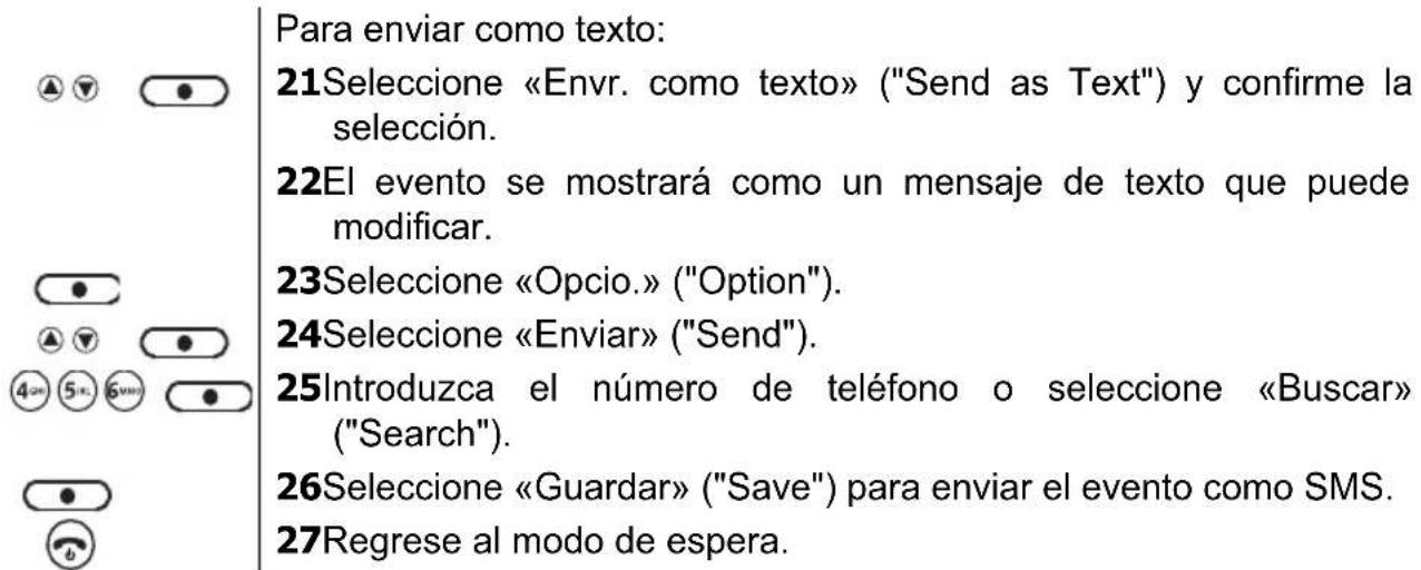 Para enviar como texto: 21Seleccione «Envr. como texto» ("Send as Text") y confirme la selección. 22El evento se mostrará como un mensaje de texto que puede modificar. 23Seleccione «Opcio.» ("Option"). 24Seleccione «Enviar» ("Send"). 25Introduzca el número de teléfono o seleccione «Buscar» ("Search"…