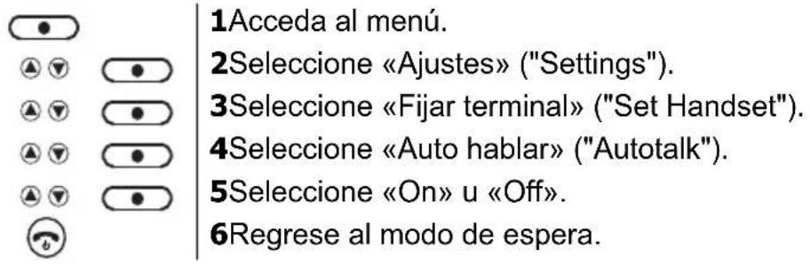 1Acceda al menú. 2Seleccione «Ajustes» ("Settings"). 3Seleccione «Fijar terminal» ("Set Handset"). 4Seleccione «Auto hablar» ("Autotalk"). 5Seleccione «On» u «Off». 6Regrese al modo de espera.