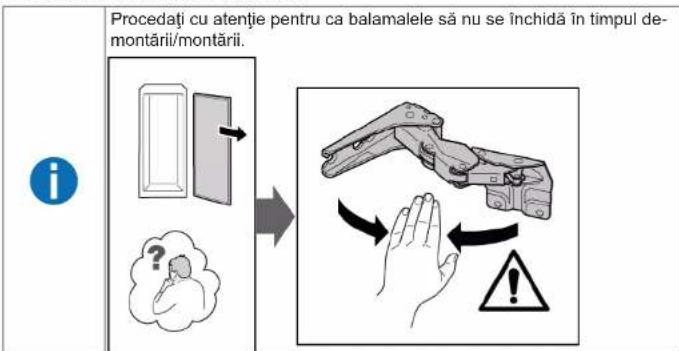 Procedați cu atenție pentru ca balamalele să nu se închidă în timpul de- montării/montării.