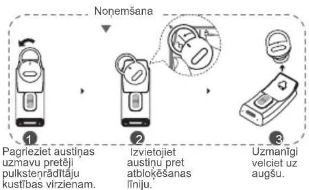 Nonemšana 1 Pagrieziet austiņas uzmavu pretēji pulksteņrādītāju kustības virzienam. 2 Izvietojiet austinu pret atblokēšanas līniju. 3 Uzmanīgi velciet uz augšu.