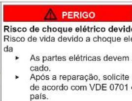 PERIGO Risco de choque elétrico devido Risco de vida devido a choque ele da As partes elétricas devem a cado. Após a reparação, solicite e de acordo com VDE 0701 o país.