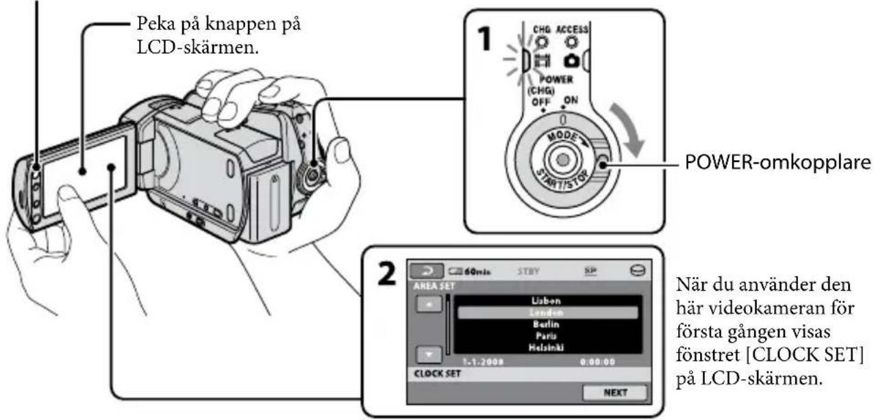 SONY DCR-SR46E - Steg 2: Slå på strömmen och ställ in datum och tid - 1
