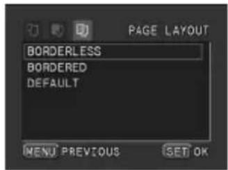 PAGE LAYOUT BORDERLESS BORDERED DEFAULT MENU PREVIOUS SET OK