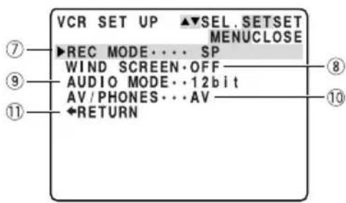 VCR SET UP ▲▼SEL.SETSET MENUCLOSE ▶REC MODE.... SP WIND SCREEN-OFF AUDIO MODE..12bit AV/PHONES...AV ←RETURN