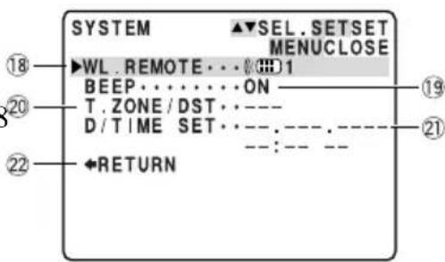 SYSTEM ▲SEL.SETSET MENUCLOSE 18 ►WL.REMOTE...0001 20 BEEP....ON 3 T.ZONE/DST. D/TIME SET. 22 ←RETURN 19 21 :-- -- -: