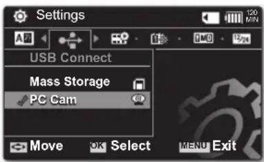 Settings USB Connect Mass Storage PC Cam Move OK Select MENU Exit