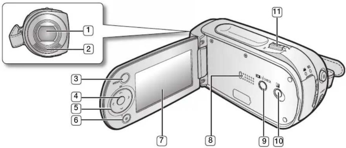 Diagram of a digital camera with numbered parts labeled for identification and assembly reference.