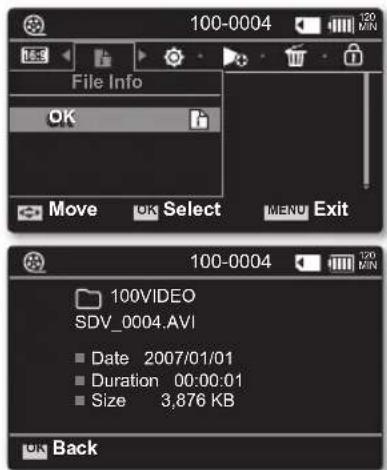 100-0004 File Info OK Move OK Select MENU Exit 100-0004 100VIDEO SDV_0004.AVI Date 2007/01/01 Duration 00:00:01 Size 3,876 KB Back