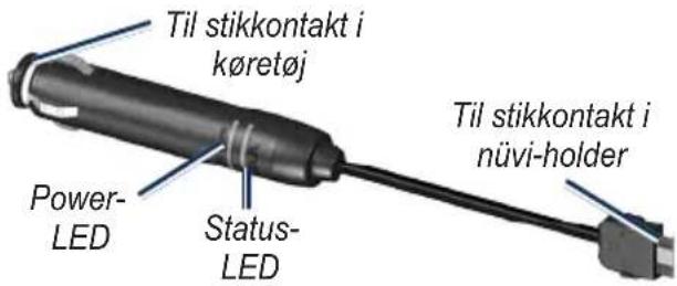 Til stikkontakt i køretøj Power- LED Status- LED Til stikkontakt i nüvi-holder