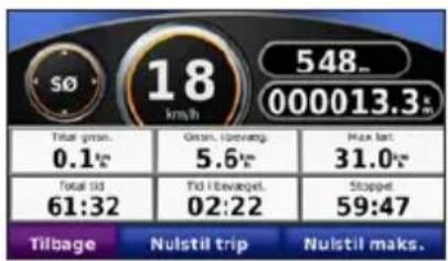 SØ 18 km/h 548.. 000013.3* Total gain.. 0.1" Gross, Idevang. 5.6" Max bar.. 31.0" Total std 61:32 Tö /Idevanget. 02:22 Stopper 59:47 Tilbage Nulstil trip Nulstil maks.