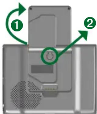 Diagram showing a device with labeled components and directional arrows, including a circled button and numbered callouts.
