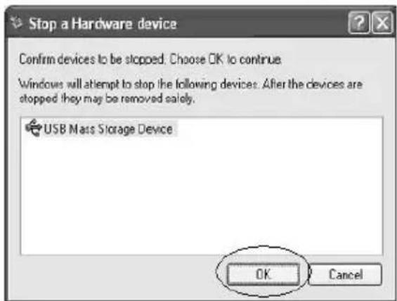 Stop a Hardware device Confirm devices to be stopped. Choose OK to continue Windows will attempt to stop the following devices. After the devices are stopped they may be removed safely. USB Mass Storage Device OK Cancel