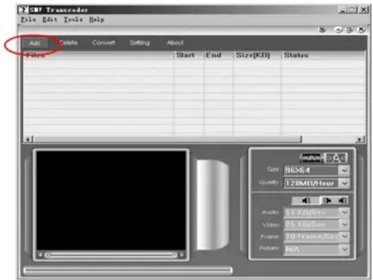 SBF Transcoder File Edit Tools Help Add Delete Convert Sitting About Files Start End Size[KB] Status Size: 96×64 Quality: 120MΩ/Hour Audio: 11 KB/Sec Video: 85 KB/Sec Frame: 10 Frame/Sec Results: N/A