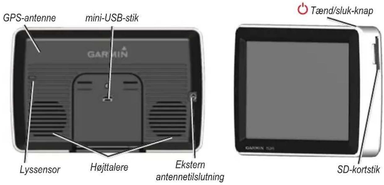 GPS-antenne mini-USB-stik GARMIN Lyssensor Højttalere Ekstern antennetislutning Tænd/sluk-knap SD-kortstik