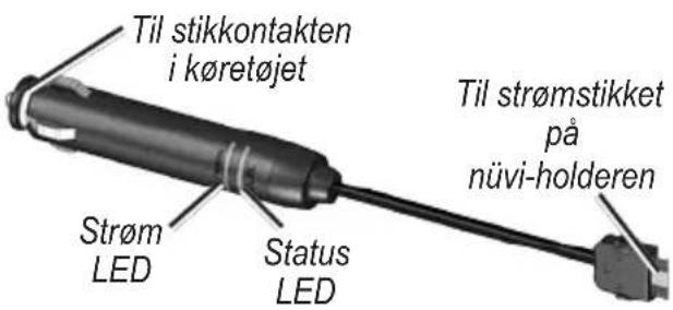 Til stikkontakten i køretøjet Strøm LED Status LED Til strømstikket på nüvi-holderen