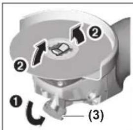 Diagram of a mechanical device with numbered components and directional arrows indicating motion or flow