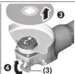 Technical diagram of a mechanical assembly with numbered components and directional arrows indicating parts of motion or assembly.