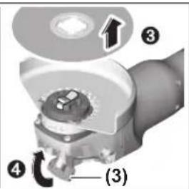 Technical diagram of a mechanical assembly with numbered components and directional arrows indicating parts of motion or assembly.