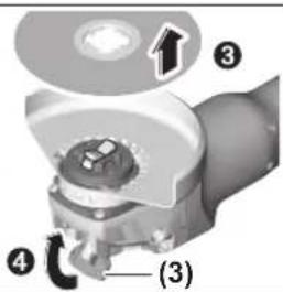 Technical diagram of a mechanical assembly with numbered components and directional arrows indicating motion or assembly.
