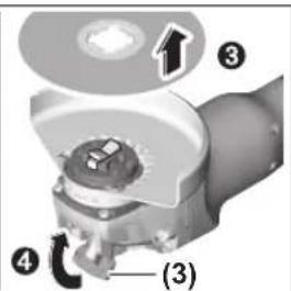 Technical diagram of a mechanical component with numbered parts and directional arrows indicating assembly or motion.