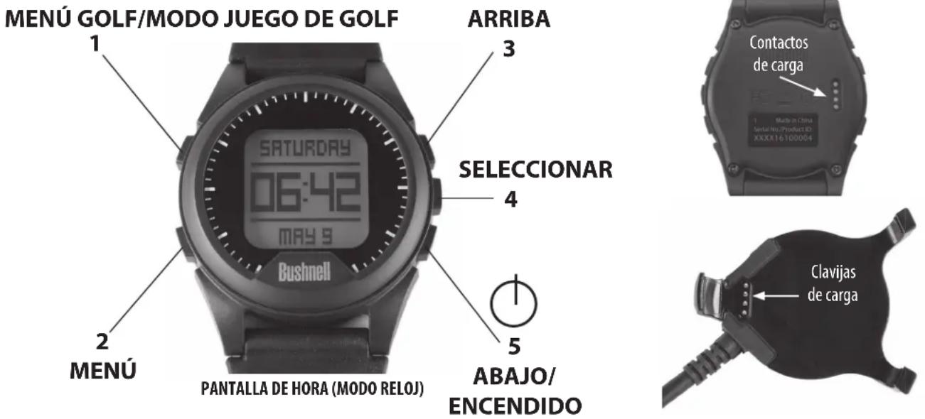 MENÚ GOLF/MODO JUEGO DE GOLF ARRIBA 1 SATURDAY 06:42 MAY 9 Buchnell SELECCIONAR 4 2 MENÚ PANTALLA DE HORA (MODO RELOJ) 5 ABAJO/ ENCENDIDO Contactos de carga 1 Made in China Serial No./Product ID: XXXX16100004 Clavijas de carga