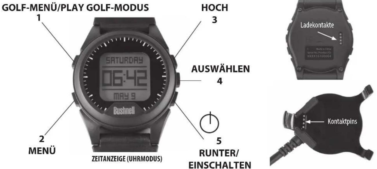 GOLF-MENÜ/PLAY GOLF-MODUS 1 HOCH 3 SATURDAY 06:42 MAY 9 AUSWÄHLEN 4 Buchnell 2 MENÜ ZEITANZEIGE (UHRMODUS) 5 RUNTER/ EINSCHALTEN Ladekontakte Kontaktpins