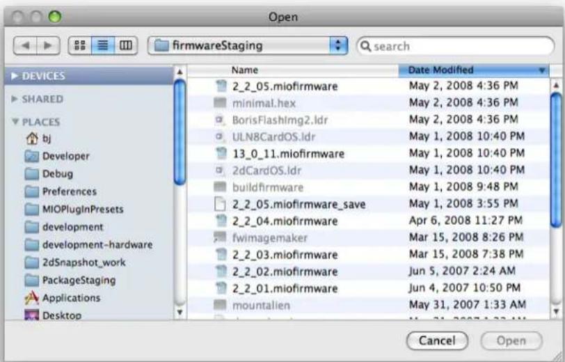 Open firmwareStaging search DEVICES SHARED PLACES bj Developer Debug Preferences MIOPlugInPresets development development-hardware 2dSnapshot_work PackageStaging Applications Desktop Name Data Modified 2_2_05.miofirmware-May 2, 2008 4:36 PM minimal.hex-May 2, 2008 4:36 PM BorisFlashImg2.ldr-May 2, 2…
