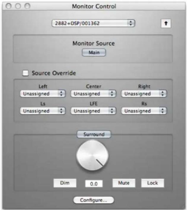 Monitor Control 2882+DSP/001362 Monitor Source Main Source Override Left Center Right Unassigned Unassigned Unassigned Ls LFE Rs Unassigned Unassigned Unassigned Surround Dim 0.0 Mute Lock Configure...