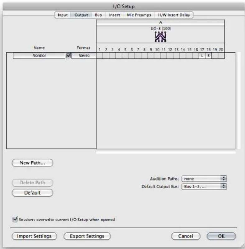 I/O Setup Input Output Bus Insert Mic Prcamps H/W Insert Delay A I/O-8 [100] Name Format 1 2 3 4 5 6 7 8 9 10 11 12 13 14 15 16 17 18 19 20 Monitor Stereo L R New Path... Delete Path Audition Paths: none Default Bus 1-2,... Default Sessions overwrite current I/O Setup when opened Import Settings Exp…