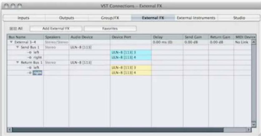 VST Connections - External FX Inputs Outputs Group/FX External FX External Instruments Studio Add External FX Favorites Bus Name Speakers Audio Device Device Port Delay Send Gain Return Gain MIDI Device External 3-4 Stereo/Stereo 0.00 ms (0) 0.00 dB 0.00 dB No Link Send Bus 1 Stereo ULN-8 [113] -o l…
